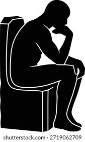 Una silueta negra sólida que representa una figura masculina sentada y contemplando profundamente con su mano en la barbilla contra el arte del fondo blanco. Ilustración vectorial