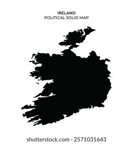 A solid black silhouette depicting the political outline of Ireland, showcasing its major geographic features and borders. Useful for educational and design purposes.