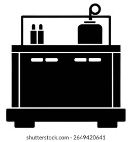 A solid black silhouette depicts a bathroom vanity with a prominent mirror above it, displaying common fixtures, making it simple for various projects.