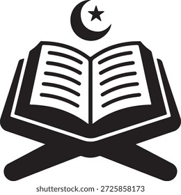 A solid black silhouette depicts an open book, representing the Quran, placed on a cross-shaped stand. Above the book, a crescent moon with a star is positioned. This graphic icon is a clear and concise representation of Islamic religious symbols and knowledge.