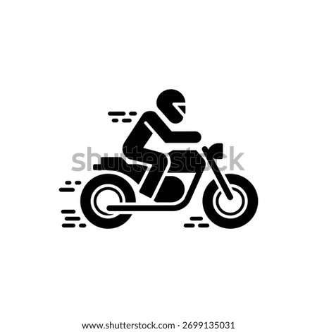 Solid black silhouette depicts a person wearing a helmet riding a motorcycle with motion trail effect, presented on a clean, transparent backdrop.