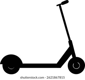 A solid black silhouette depicts a standing push scooter, with two small wheels, a standing board, and a steering handle isolated on a plain white background.