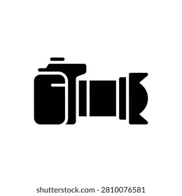 A solid black silhouette of a digital dslr camera with a long lens, isolated on a plain white background, for use
