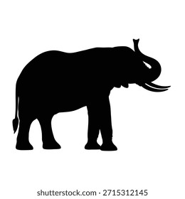 A solid black silhouette of an elephant with tusks, facing right, on a plain white background