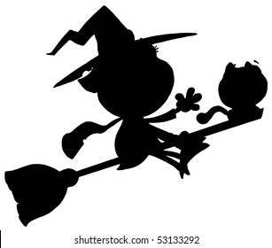 Solid Black Silhouette Of A Flying Witch With Cat