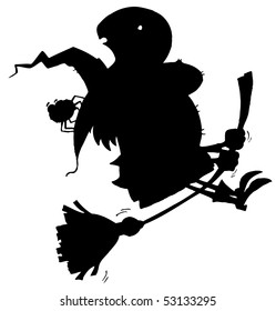 Solid Black Silhouette Of A Flying Witch And Spider