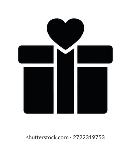 Eine solide schwarze Silhouette einer Geschenkbox mit einer Herzform auf einem dunkelweißen Hintergrund. Die Geschenkbox hat abgerundete Ecken und ein Band Detail.