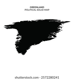 A solid black silhouette of Greenlands political boundaries. The map emphasizes the islands shape and geographical features without additional detail.