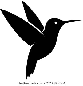 Uma silhueta preta sólida de um beija-flor é retratada no meio do voo contra um fundo branco. As asas do pássaro estão espalhadas, e seu bico longo é estendido.