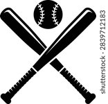 Solid black silhouette icon of crossed baseball bats and a baseball