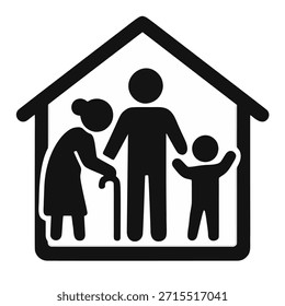 Um sólido ícone de silhueta preta de uma casa que envolve três figuras representando diferentes gerações: um idoso com uma bengala, um adulto e uma criança, simbolizando uma casa de família.