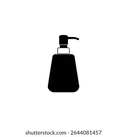 Um ícone de silhueta preto sólido de um dispensador de sabão líquido com um detalhe de bomba branca, em um design de vetor 2D plano simples.