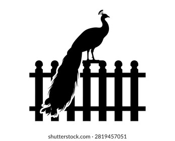 A solid black silhouette icon of a majestic peacock bird standing perched on top of a classic garden picket fence