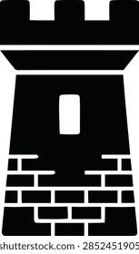 A solid black silhouette icon of a medieval stone castle tower with battlements and brickwork texture, isolated on white background.