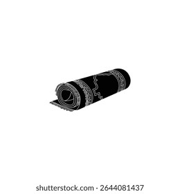 A solid black silhouette icon of a rolled-up Sajjāda prayer mat with white fringe highlights, in a flat 2D vector style.