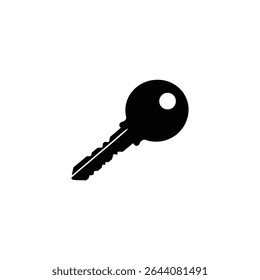 Um ícone de silhueta preto sólido de uma única chave de casa com recortes brancos, projetado em um estilo simples vetor 2D plano.