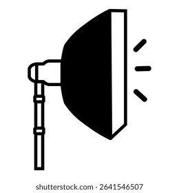 Solid black silhouette icon of a studio softbox light on a stand, emitting light rays, representing professional photo lighting.