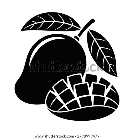 Solid black silhouette icon of a whole tropical mango and a diced mango half