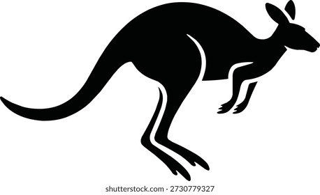 Massives schwarzes Silhouette eines Kängurus hüpfend in Seitenansicht. Flacher Vektor einzeln auf weißem Hintergrund, perfekt für Bewegung, Tierwelt und Designs mit australischem Thema.
