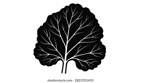Solid black silhouette of a large rhubarb leaf with visible white vein patterns, isolated on a white background. Botanical vector illustration of Rheum rhabarbarum foliage.