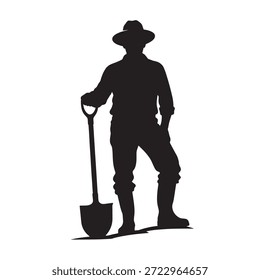 Feste schwarze Silhouette eines männlichen Landwirts oder Gärtners, der sich auf eine Schaufel lehnt, einzeln auf weißem Hintergrund.