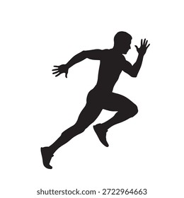 Una silueta negra sólida de un corredor masculino en una pose de sprint completa aislada sobre un fondo blanco.