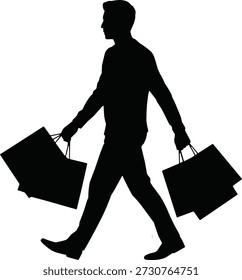 Solid black silhouette of a man carrying shopping bags while walking in side view. Clean vector style isolated on white background, suitable for retail, consumer lifestyle, and shopping concepts.