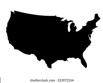 Solid black silhouette map of United States of America without Alaska and islands, vector illustration