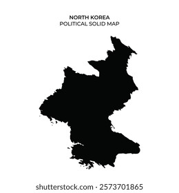 A solid black silhouette of North Korea emphasizes the countrys political boundaries. This minimalist representation showcases the geographical shape without details.