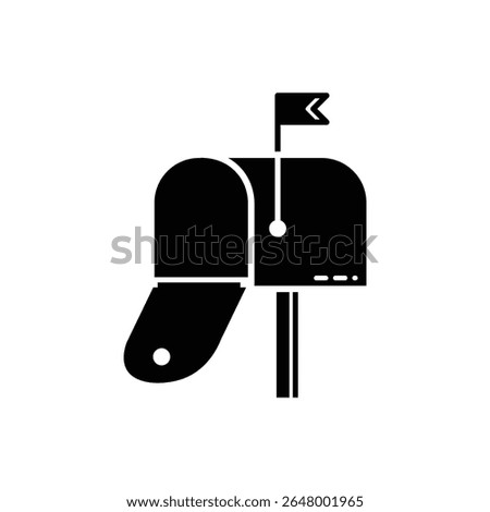 A solid black silhouette of an open mailbox with a raised flag, ideal for designs related to communication, mail, or post.