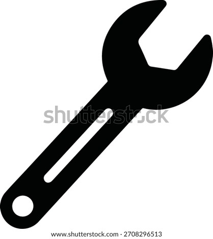 Solid black silhouette of an open-end wrench tool isolated on a stark white background representing repair maintenance and mechanical engineering