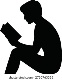 Silueta negra sólida de una persona sentada y leyendo un libro en vista lateral. Vector plano limpio aislado en el fondo blanco, conveniente para la educación, el aprendizaje, el conocimiento, y los temas tranquilos del estilo de vida.