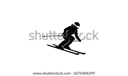 A solid black silhouette of a person skiing downhill. The figure wears a helmet and holds ski poles, captured in a dynamic athletic pose. Isolated vector graphic.