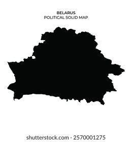 A solid black silhouette of the political boundaries of Belarus is shown on a plain white background. This representation highlights the countrys geographical shape without details.