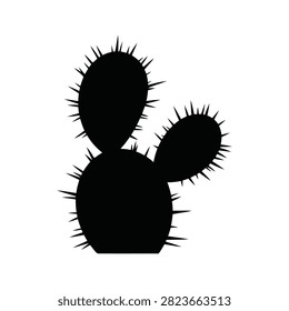 Solid black silhouette of a prickly pear cactus with sharp needles, isolated on a white background.