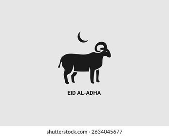 A solid black silhouette of a ram with curved horns and a crescent moon above it