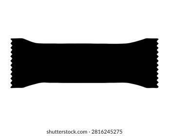 A solid black silhouette of a rectangular snack bar with crimped, serrated edges, isolated on a white background for food packaging concepts.