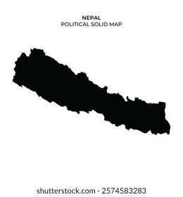 A solid black silhouette represents the political boundaries of Nepal. This depiction highlights the unique shape of the country, emphasizing its geographical layout.