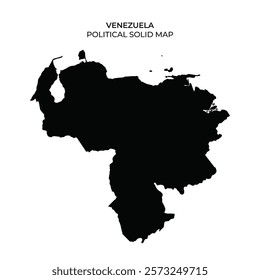 The solid black silhouette represents Venezuelas political map, highlighting its geographical shape and borders. This illustration is useful for educational and geographical reference.