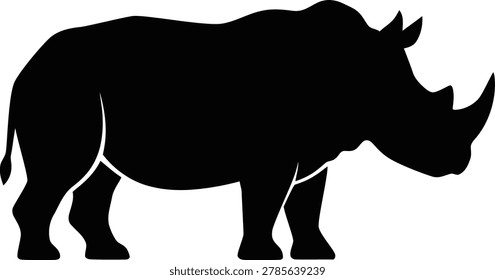 A solid black silhouette of a rhinoceros standing in profile