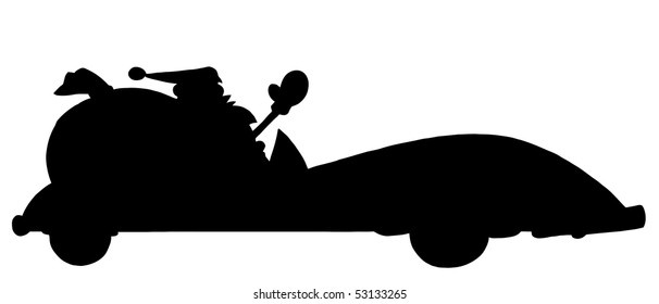 Solid Black Silhouette Of Santa Driving A Convertible