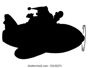 Solid Black Silhouette Of Santa Flying A Plane