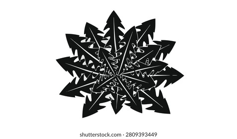 Solid black silhouette of serrated dandelion leaves arranged in a circular radial pattern on white background; minimalist botanical vector illustration of Taraxacum foliage.