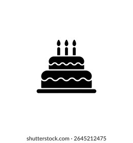 A solid black silhouette showcases a two-layer cake decorated with wavy icing, topped with three lit candles, symbolizing birthdays, celebrations, and sweet treats.