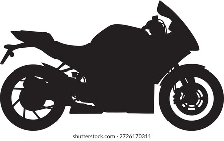 A solid black silhouette of a sport motorcycle is depicted against a stark white background. The image captures the sleek lines and aerodynamic form of the vehicle in profile.