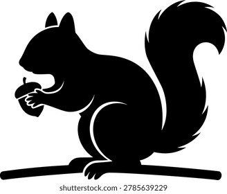 Solid black silhouette of a squirrel eating an acorn