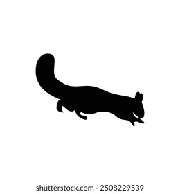 A solid black silhouette of a squirrel in a running or jumping pose. The focus is on the iconic shape of the tail and body.
