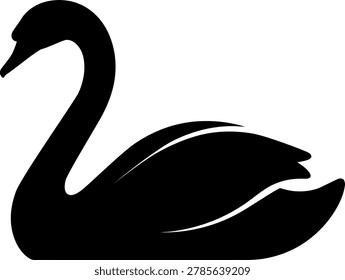 Solid black silhouette of a swan gliding on water with a curved neck