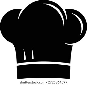 A solid black silhouette of a traditional chef's hat, also known as a toque blanche, is centered against a plain white background.
