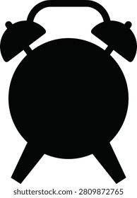 A solid black silhouette of a traditional twin-bell alarm clock. Ideal for graphic design projects related to time management, productivity, and daily schedules.
